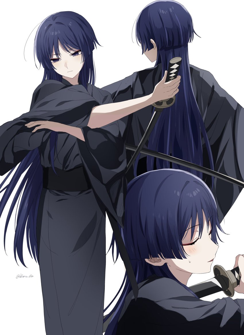 1boy, absurdres, alternate_hairstyle, arm_up, artist_name, black_hair, black_kimono, black_sash