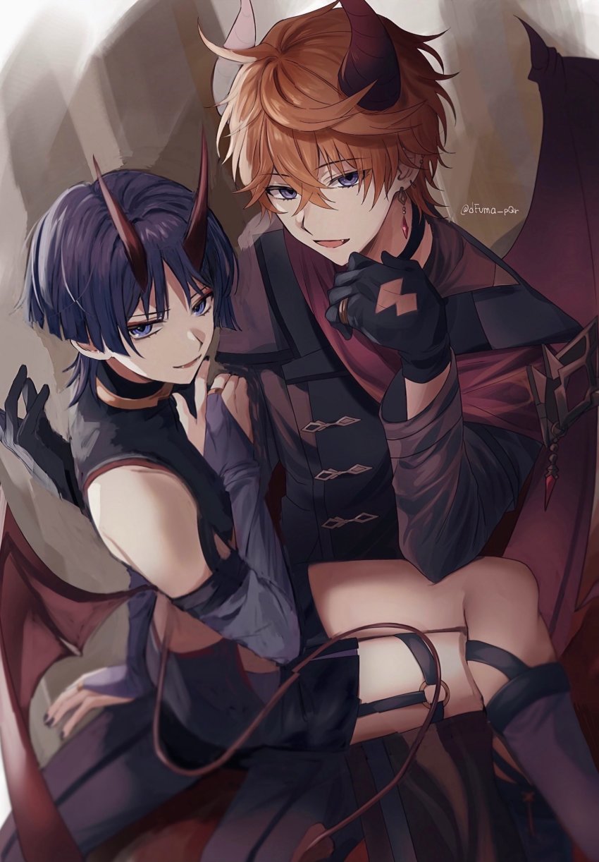 2boys, alternate_costume, arm_support, artist_name, bare_shoulders, black_gloves, black_hair, black_jacket