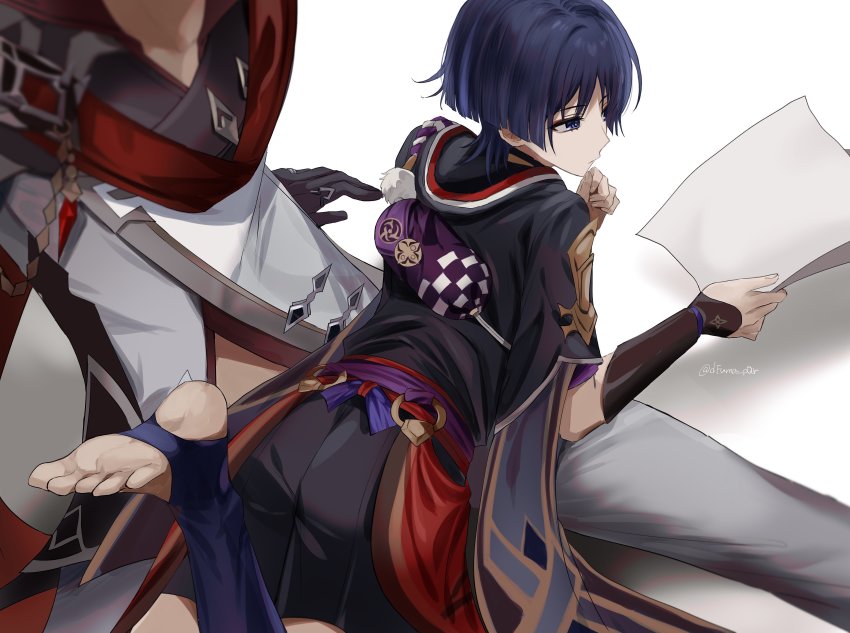 2boys, absurdres, arm_support, armor, artist_name, black_gloves, black_shorts, black_socks, blunt_ends, closed_mouth, dfuma_pqr, expressionless, feet, foot_up, genshin_impact, gloves, grey_jacket, grey_pants, hand_on_own_chin, hand_up, head_out_of_frame, highres, holding, holding_paper, jacket, japanese_armor, japanese_clothes, kote, kurokote, long_sleeves, looking_to_the_side, lying, male_focus, multiple_boys, missing_headwear, on_lap, on_stomach, pants, paper, parted_bangs, pom_pom_(cheerleading), profile, purple_eyes, purple_hair, red_scarf, rope, scaramouche_(genshin_impact), scarf, shadow, shirt, short_hair, short_sleeves, shorts, sitting, socks, soles, stirrup_legwear, tartaglia_(genshin_impact), toeless_legwear, twitter_username