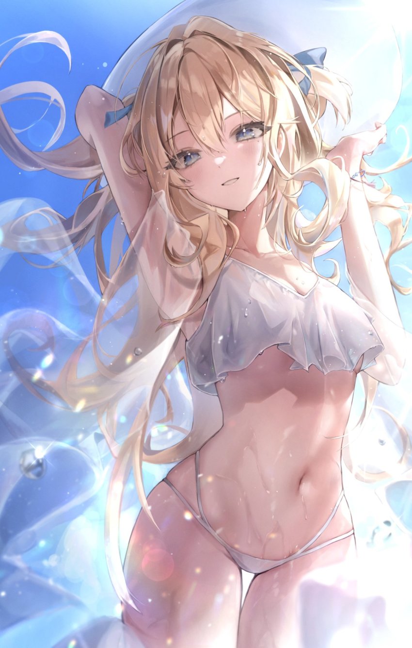 1girl, bikini, blonde_hair, blue_eyes, blush, breasts, cleavage, collarbone