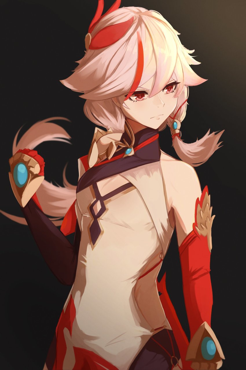 1girl, absurdres, asymmetrical_gloves, bare_shoulders, black_background, brown_gloves, china_dress, chinese_clothes, closed_mouth, dress, elbow_gloves, fu_hua, fu_hua_(phoenix), gloves, hair_between_eyes, hair_ornament, highres, honkai_(series), honkai_impact_3rd, long_hair, maishtar_colo, mismatched_gloves, multicolored_hair, ponytail, red_eyes, red_gloves, sleeveless, sleeveless_dress, solo, streaked_hair, white_dress, white_hair