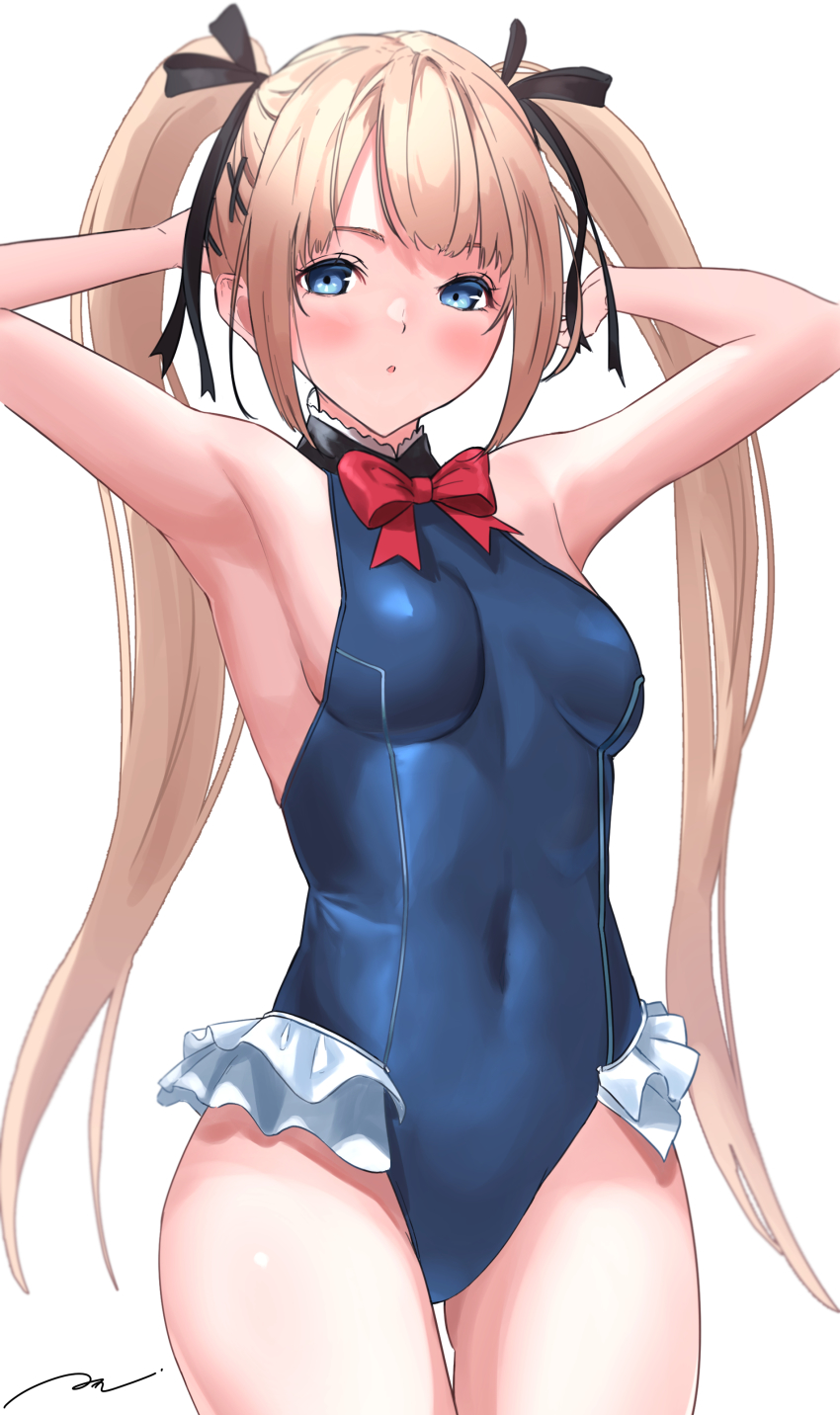 1girl, absurdres, armpits, arms_up, black_ribbon, blonde_hair, blue_one-piece_swimsuit, blush