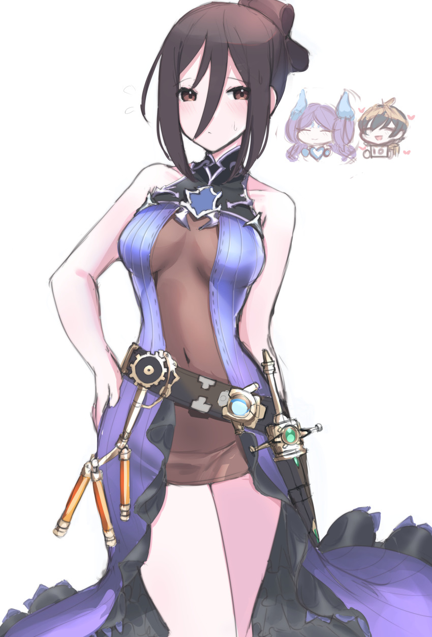 1boy, 2girls, absurdres, alternate_costume, black_hair, blue_hair, brighid_(xenoblade), brighid_(xenoblade)_(cosplay), camera, chest_jewel, cosplay, fiery_hair, highres, juneplums, morag_ladair_(xenoblade), multiple_girls, niall_ardanach, simple_background, sleeveless, white_background, xenoblade_chronicles_(series), xenoblade_chronicles_2