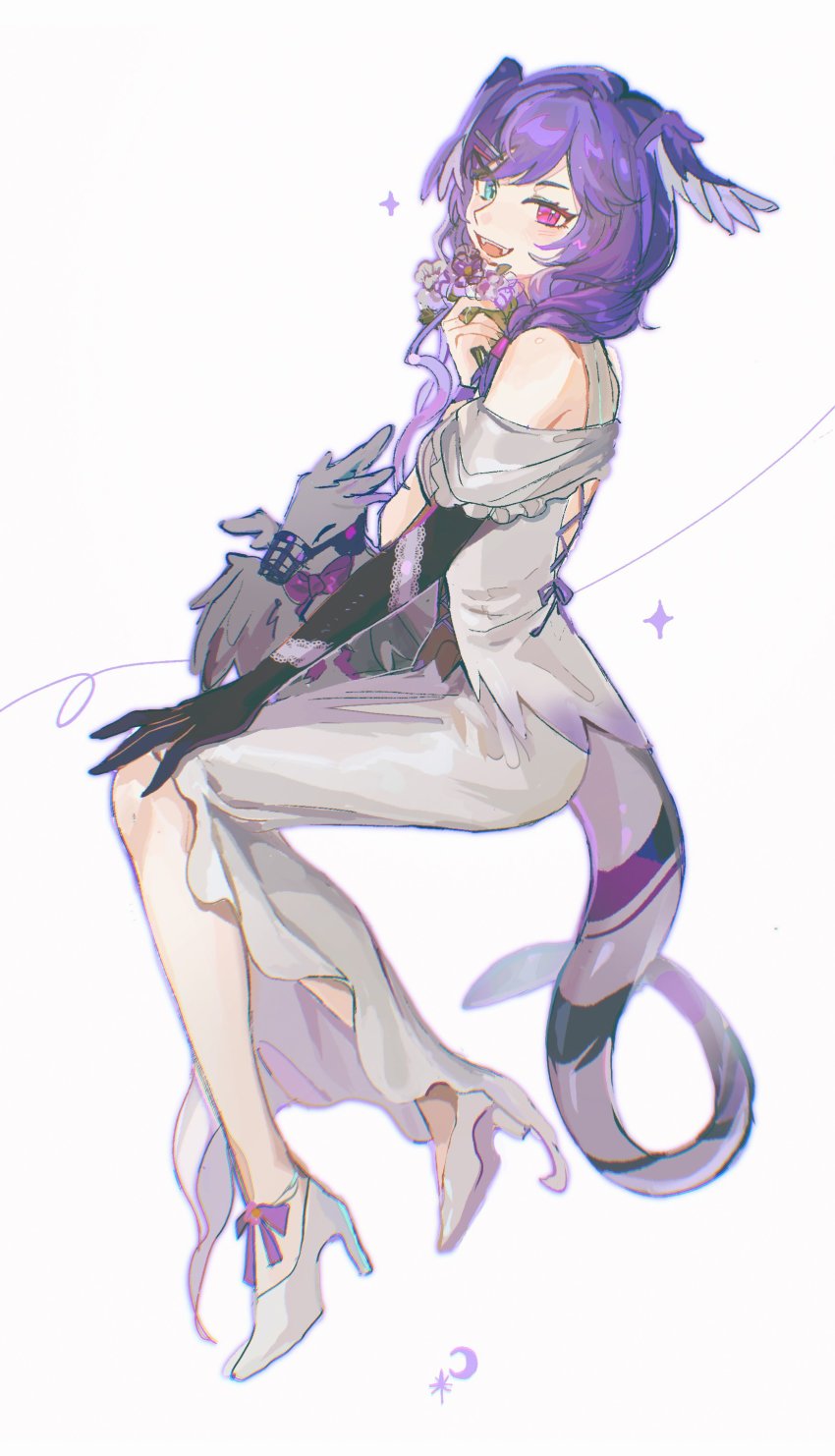 0021, 1girl, 1other, absurdres, ahoge, asymmetrical_arms, bare_shoulders, blue_eyes, blush, braid, dragon, dragon_girl, dragon_tail, dress, ember_(selen_tatsuki), fangs, flower, from_side, hair_ornament, hairclip, halter_dress, halterneck, head_wings, heterochromia, high_heels, highres, looking_at_viewer, medium_hair, muzzle, nijisanji, nijisanji_en, official_alternate_costume, pointy_ears, purple_eyes, purple_flower, purple_hair, purple_wings, selen_tatsuki, short_sleeves, sitting, smile, tail, twin_braids, virtual_youtuber, wedding_dress, white_background, white_dress, white_flower, white_footwear, wings