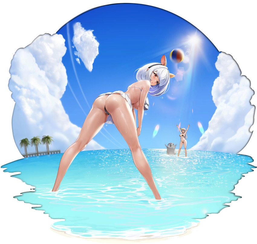 2girls, bikini, bird, day, from_behind, highres, last_origin, legs_apart, looking_at_viewer, looking_back, multiple_girls, official_art, parted_lips, penguin, red_eyes, saetti, short_hair, sky, solo_focus, standing, swimsuit, transparent_background, wading, water, white_hair