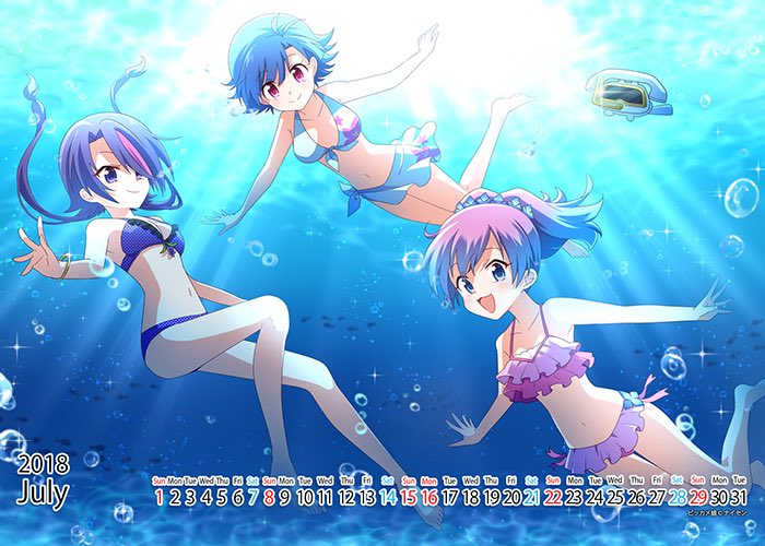 3girls, bikini, blue_hair, diving, fujisawa-tan, multiple_girls, naisen, purple_bikini