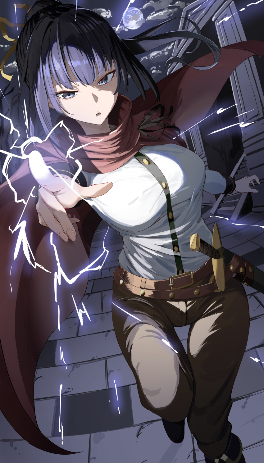 1girl, absurdres, black_eyes, black_hair, breasts, cape, electricity, electrokinesis, eyebrows_hidden_by_hair, high_ponytail, highres, large_breasts, lightning, long_hair, looking_at_viewer, manno_(kanpi2100), moon, nabe_(overlord), narberal_gamma, night, overlord_(maruyama), pants, pointing, pointing_at_viewer, ponytail, solo, stairs, sword, thigh_gap, weapon