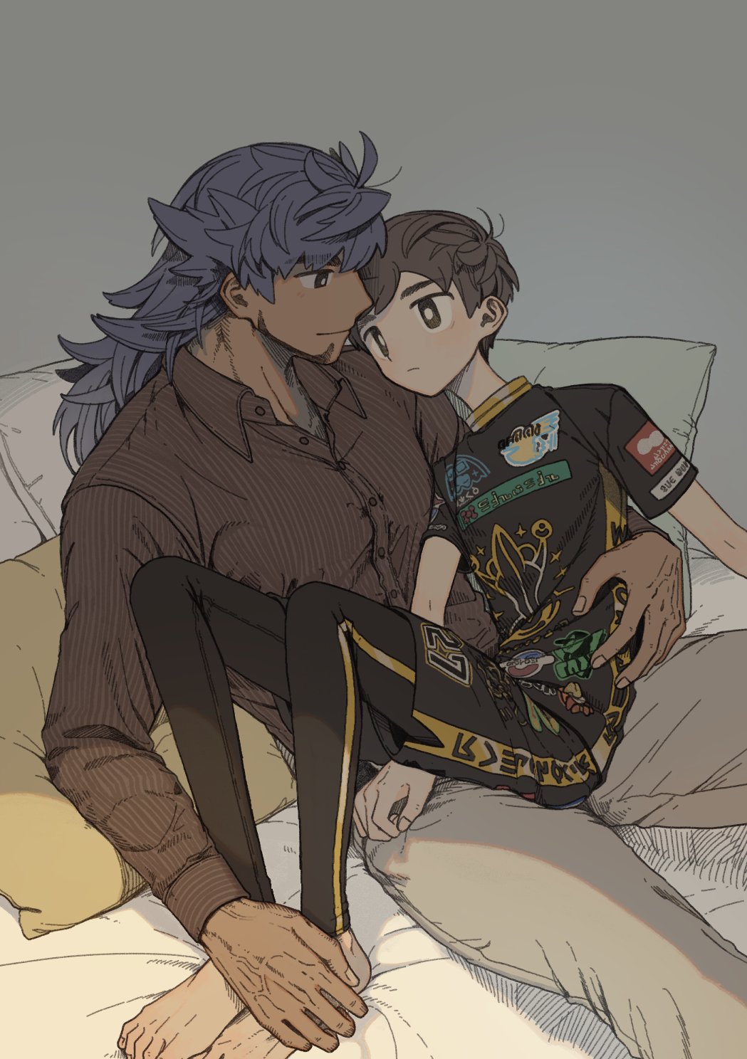 2boys, barefoot, brown_eyes, buttons, champion_uniform, closed_mouth, collared_shirt, commentary_request