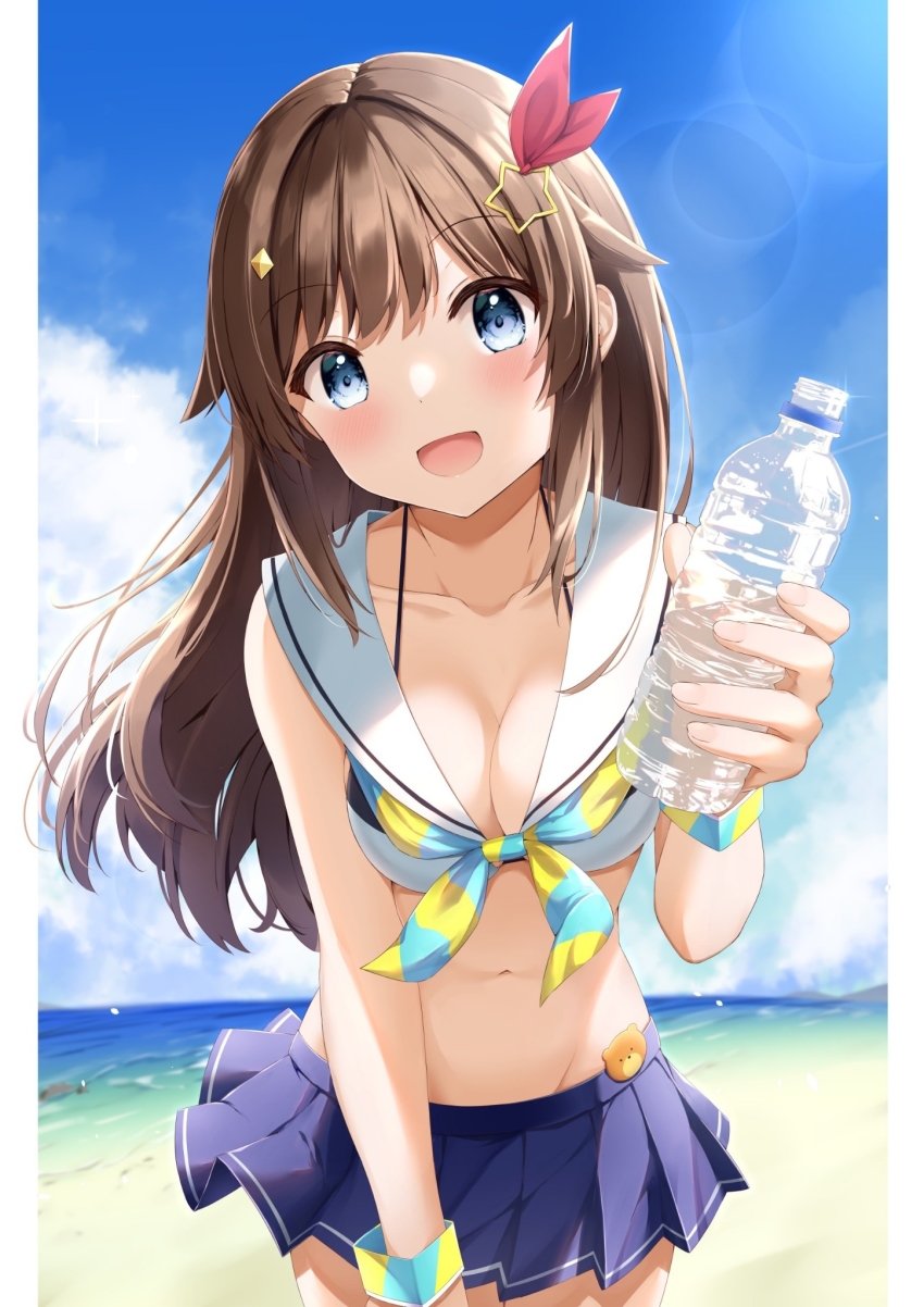 1girl, blue_eyes, blush, bottle, breasts, brown_hair, cleavage, diamond_hair_ornament
