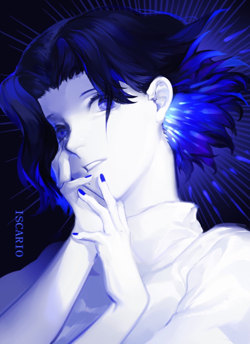 1boy, absurdres, blue_theme, character_name, commentary, english_commentary, eyelashes, floating_hair