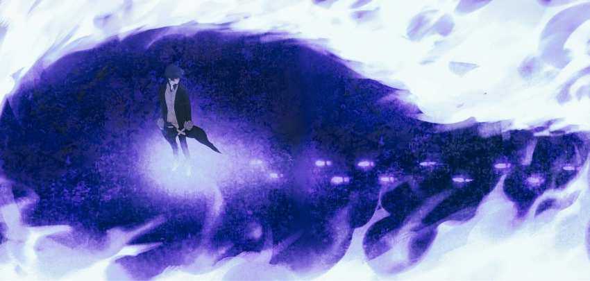 1boy, arms_at_sides, black_coat, black_hair, coat, facing_to_the_side, fire, footprints