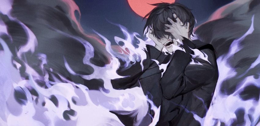 1boy, black_hair, burning, covered_eyes, fang, fire, forever_7th_capital, hair_over_eyes, hands_on_own_head, highres, isaac_(forever_7th_capital), long_sleeves, male_focus, meru02295238, moon, purple_fire, red_moon, scratching_head, screaming, smoke, solo, tears, upper_body