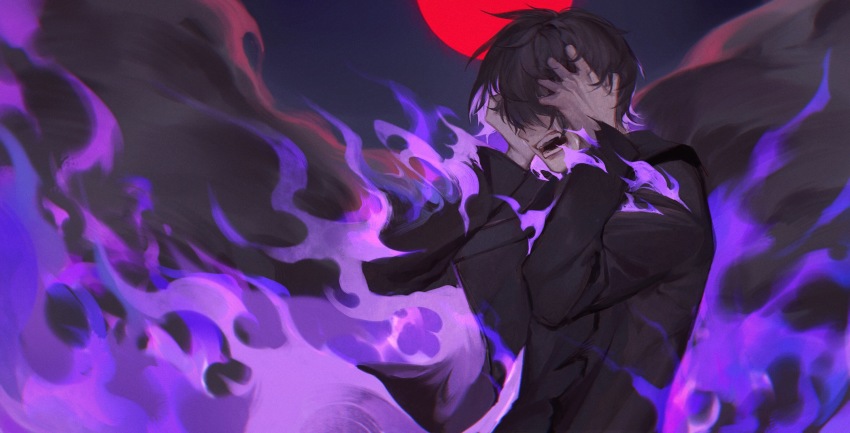 1boy, black_hair, burning, covered_eyes, fang, fire, forever_7th_capital, hair_over_eyes