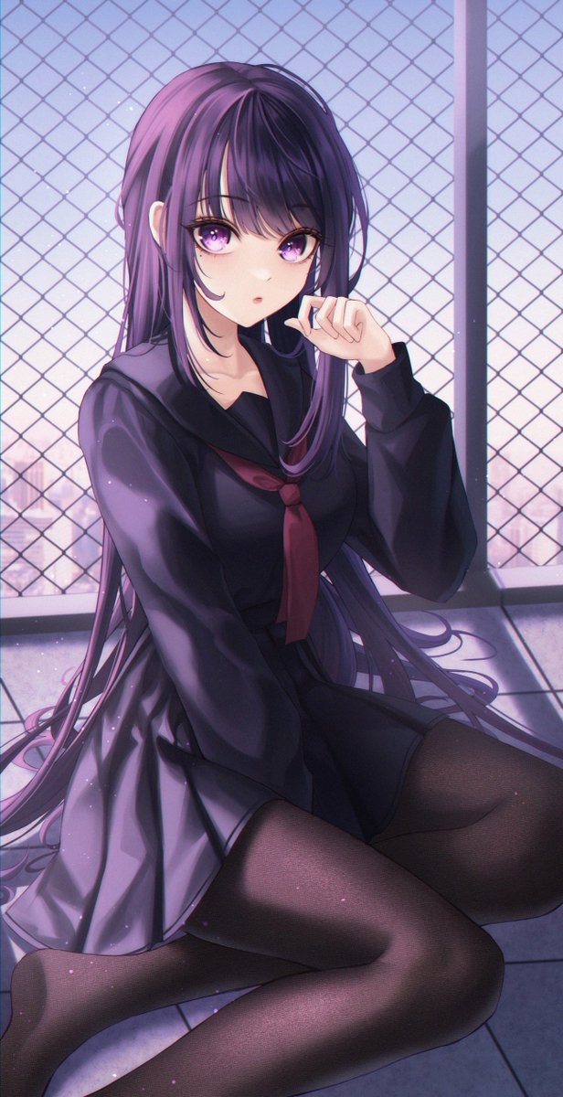 1girl, alternate_costume, alternate_hairstyle, between_legs, black_pantyhose, black_sailor_collar, black_serafuku, chain-link_fence