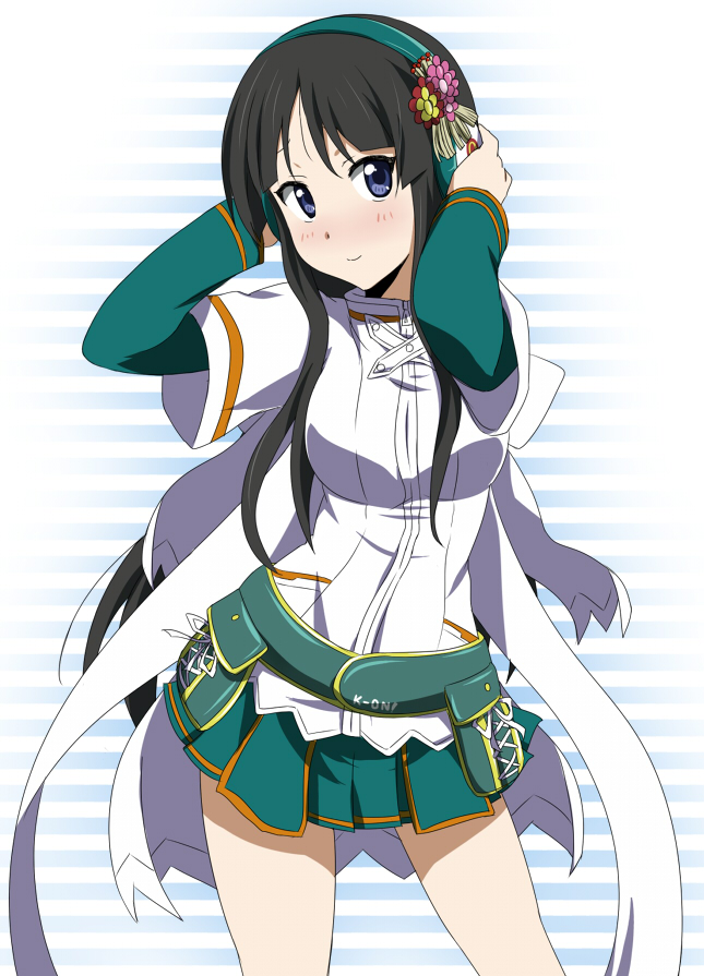 1girl, akiyama_mio, beatmania_iidx, beatmania_iidx_9th_style, belt, bemani, black_hair, blue_eyes, cosplay, female_focus, headphones, ikari_manatsu, iroha_(beatmania_iidx)_(cosplay), k-on!, long_hair, solo, umegiri_iroha, umegiri_iroha_(cosplay)