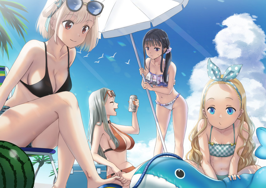 4girls, beer_can, bikini, black_bikini, black_hair, blonde_hair, blue_eyes, blue_shorts, blush, breasts, can, cleavage, closed_eyes, closed_mouth, drink_can, eyewear_on_head, frilled_bikini, frills, glasses, green_hair, hair_ornament, hair_ribbon, hair_scrunchie, highres, inoue_takina, kakukau, kurumi_(lycoris_recoil), large_breasts, long_hair, looking_at_another, lycoris_recoil, multiple_girls, nakahara_mizuki, navel, nishikigi_chisato, open_mouth, outdoors, ponytail, purple_eyes, red_bikini, red_eyes, ribbon, scrunchie, short_hair, short_shorts, shorts, sky, small_breasts, smile, swimsuit, white_hair