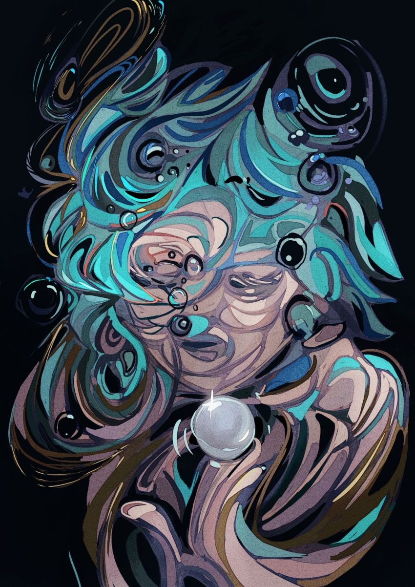 1other, absurdres, afloat, air_bubble, aqua_hair, asphyxiation, beads, bubble