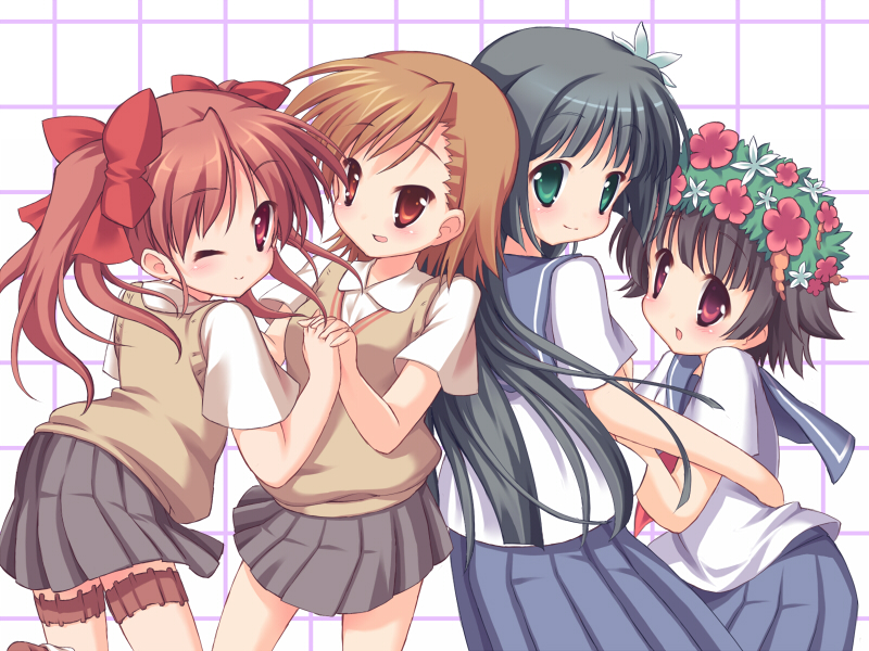 4girls, black_hair, brown_hair, female_focus, flower, green_eyes, hair_flower, hair_ornament