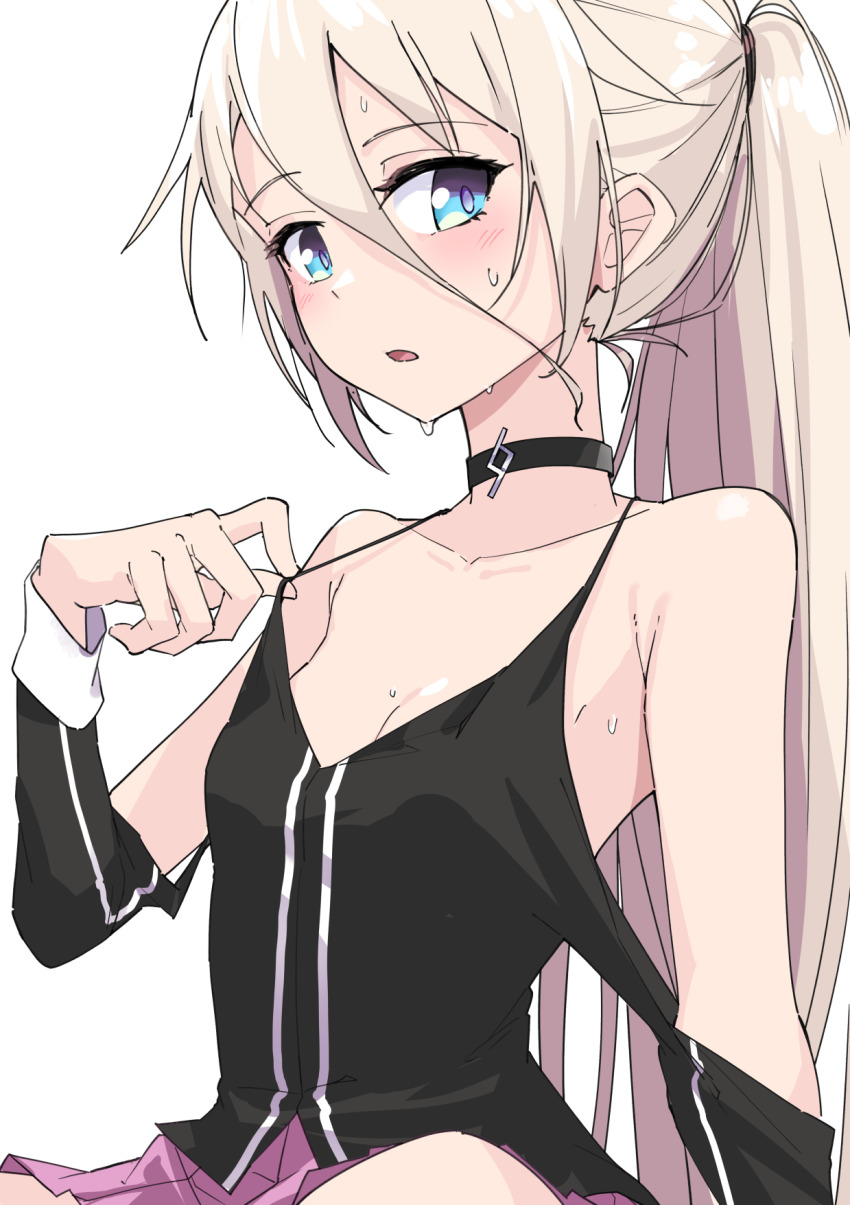 1girl, blonde_hair, blue_eyes, blush, breasts, cevio, choker, highres, ia_(rocks)_(vocaloid), ia_(vocaloid), long_hair, off_shoulder, pink_skirt, pleated_skirt, ponytail, skirt, small_breasts, solo, sweat, tank_top, very_long_hair, vocaloid, zooanime