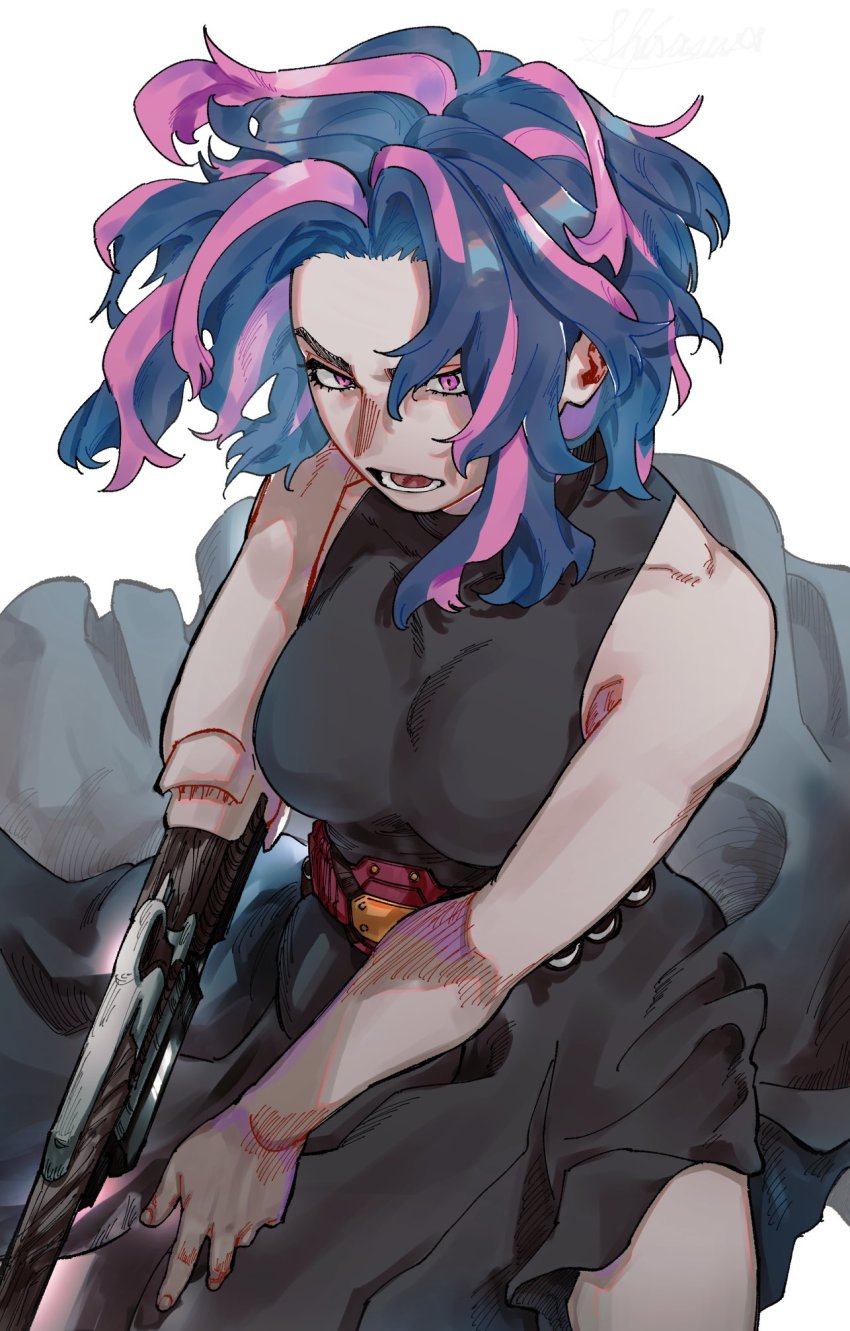 1girl, bare_arms, belt, black_shirt, blue_hair, boku_no_hero_academia, breasts, gun, highres, lady_nagant, medium_hair, multicolored_hair, open_mouth, pink_eyes, pink_hair, shiraumi8351, shirt, sleeveless, sleeveless_shirt, solo, two-tone_hair, utility_belt, weapon