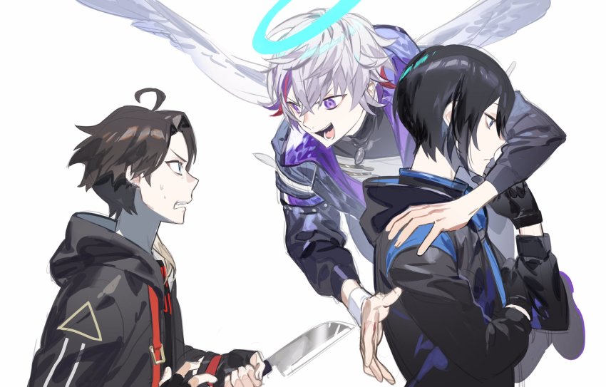 3boys, ahoge, black_gloves, black_hair, black_jacket, clenched_teeth, closed_mouth, flying