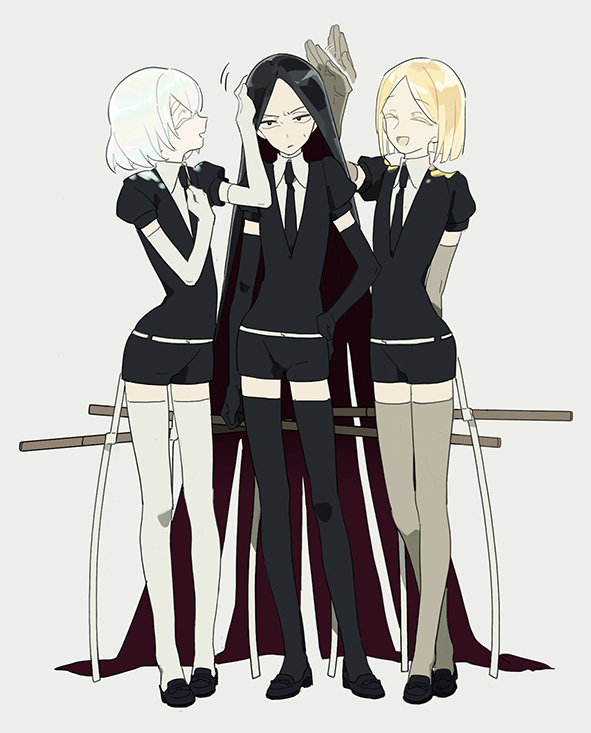 3others, ^_^, absurdly_long_hair, afterimage, ahn, androgynous, arm_behind_back, belt, black_footwear, black_gloves, black_hair, black_necktie, black_thighhighs, blonde_hair, bob_cut, bort, can't_choose_your_own_family, closed_eyes, colored_inner_hair, diamond_(houseki_no_kuni), elbow_gloves, frown, full_body, furrowed_brow, gem_uniform_(houseki_no_kuni), gloves, grey_gloves, grey_thighhighs, hand_on_another's_head, hand_on_own_chest, hand_on_own_hip, hand_up, hands_up, headpat, houseki_no_kuni, laughing, loafers, long_hair, looking_at_viewer, multicolored_hair, multiple_others, necktie, open_mouth, other_focus, profile, purple_hair, shoes, short_hair, short_sleeves, side-by-side, simple_background, sparkle, standing, sweatdrop, sword, thighhighs, two-tone_hair, very_long_hair, weapon, white_gloves, white_hair, white_thighhighs, yellow_diamond_(houseki_no_kuni)