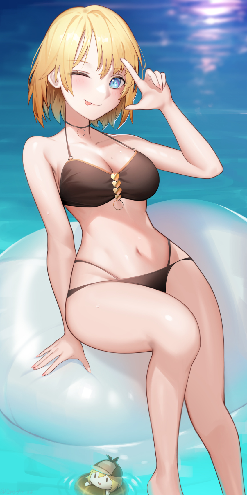 1girl, ;p, absurdres, bad_id, bad_pixiv_id, bare_shoulders, bikini, blonde_hair