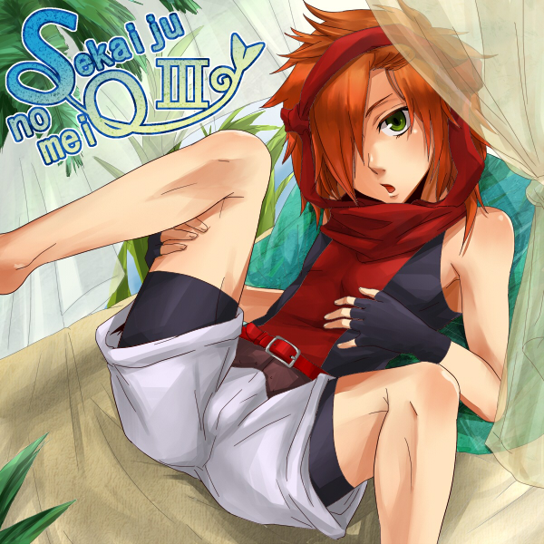 androgynous, atlus, barefoot, belt, bike_shorts, bulge, etrian_odyssey, fingerless_gloves