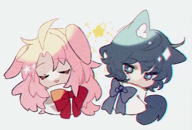 2boys, ahoge, animal_ears, blue_eyes, blue_hair, blue_ribbon, bright_pupils, cat_ears