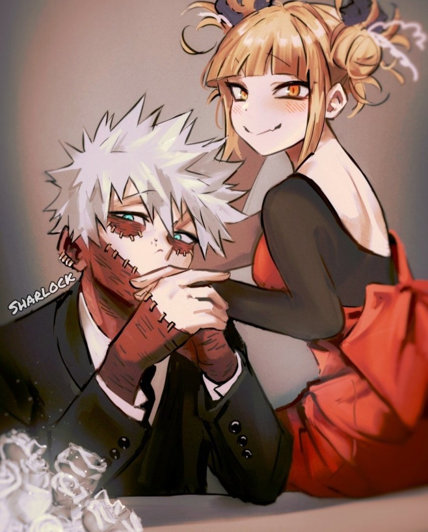 1boy, 1girl, artist_name, black_necktie, blonde_hair, blue_eyes, blunt_bangs, boku_no_hero_academia