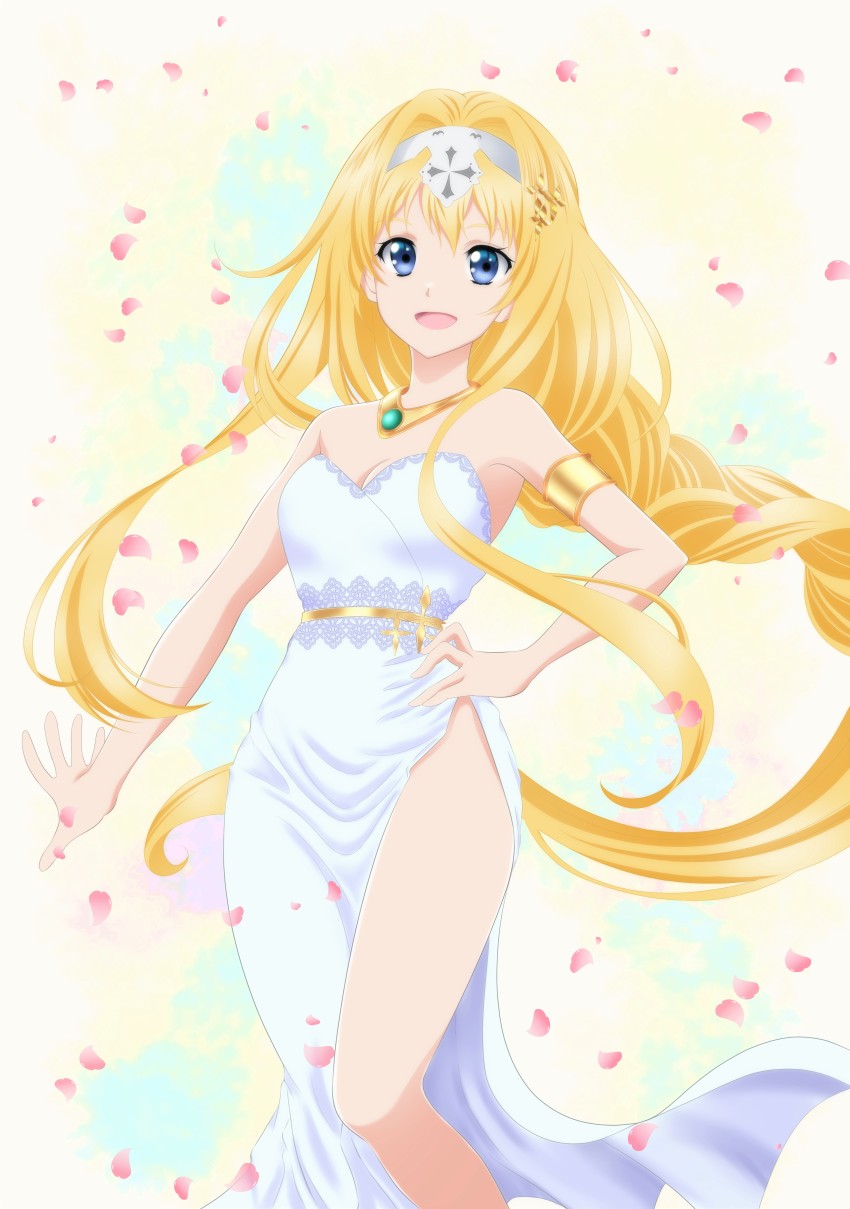 1girl, :d, absurdres, alice_zuberg, armlet, bare_legs, blonde_hair, blue_eyes, breasts, cleavage, dress, floating_hair, hair_intakes, hairband, hand_on_own_hip, highres, jewelry, long_dress, long_hair, looking_at_viewer, medium_breasts, necklace, open_mouth, petals, sakurano_miki, side_slit, smile, solo, standing, strapless, strapless_dress, sword_art_online, very_long_hair, white_background, white_dress, white_hairband