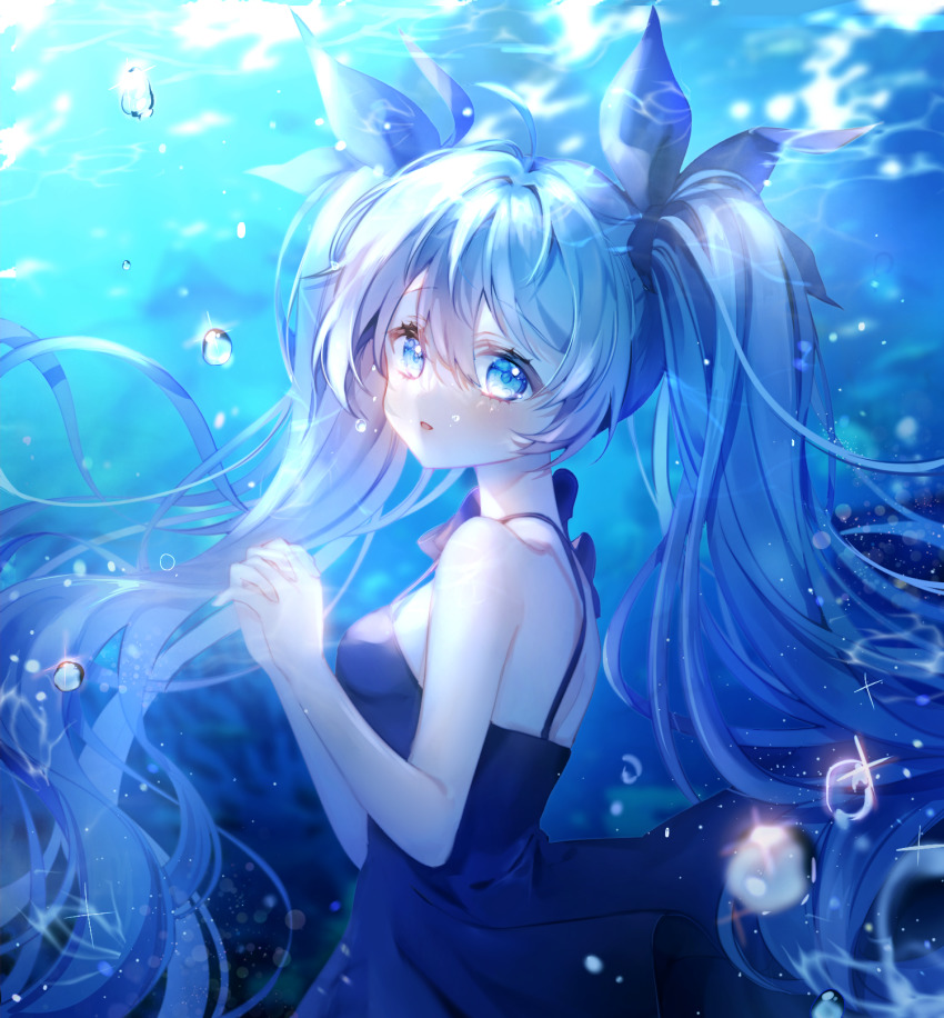 1girl, ahoge, bare_arms, blue_bow, blue_dress, blue_eyes, blue_hair, blue_theme