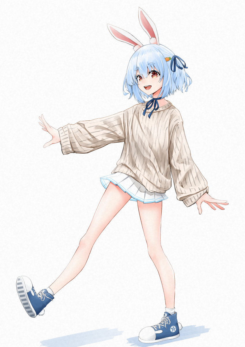 1girl, absurdres, animal_ear_fluff, animal_ears, blue_hair, blue_ribbon, blue_shoes, brown_sweater