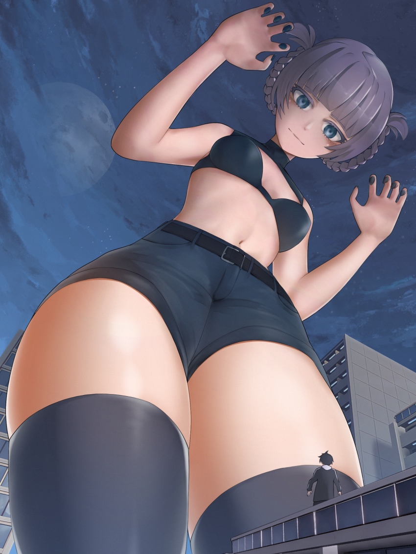 absurdres, blue_eyes, clothing_cutout, crop_top, from_below, giant, giantess, highres