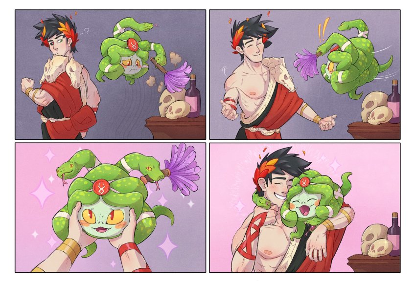 1boy, 1girl, ^_^, ancient_greek_clothes, black_hair, black_sclera, blush_stickers, closed_eyes, colored_sclera, colored_skin, dusa_(hades), duster, fangs, feather_duster, greco-roman_clothes, green_eyes, green_skin, hades_(series), hades_1, heterochromia, highres, hug, jamie_loughran, laurel_crown, mismatched_sclera, open_mouth, red_eyes, single_bare_shoulder, skull, smile, snake_hair, sparkle, yellow_sclera, zagreus_(hades)