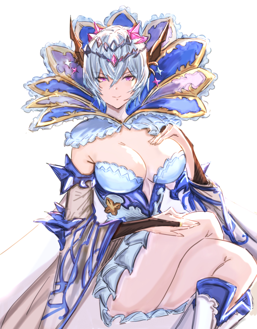 1girl, blue_hair, breasts, crossed_legs, detached_sleeves, granblue_fantasy, hand_on_own_chest, highres