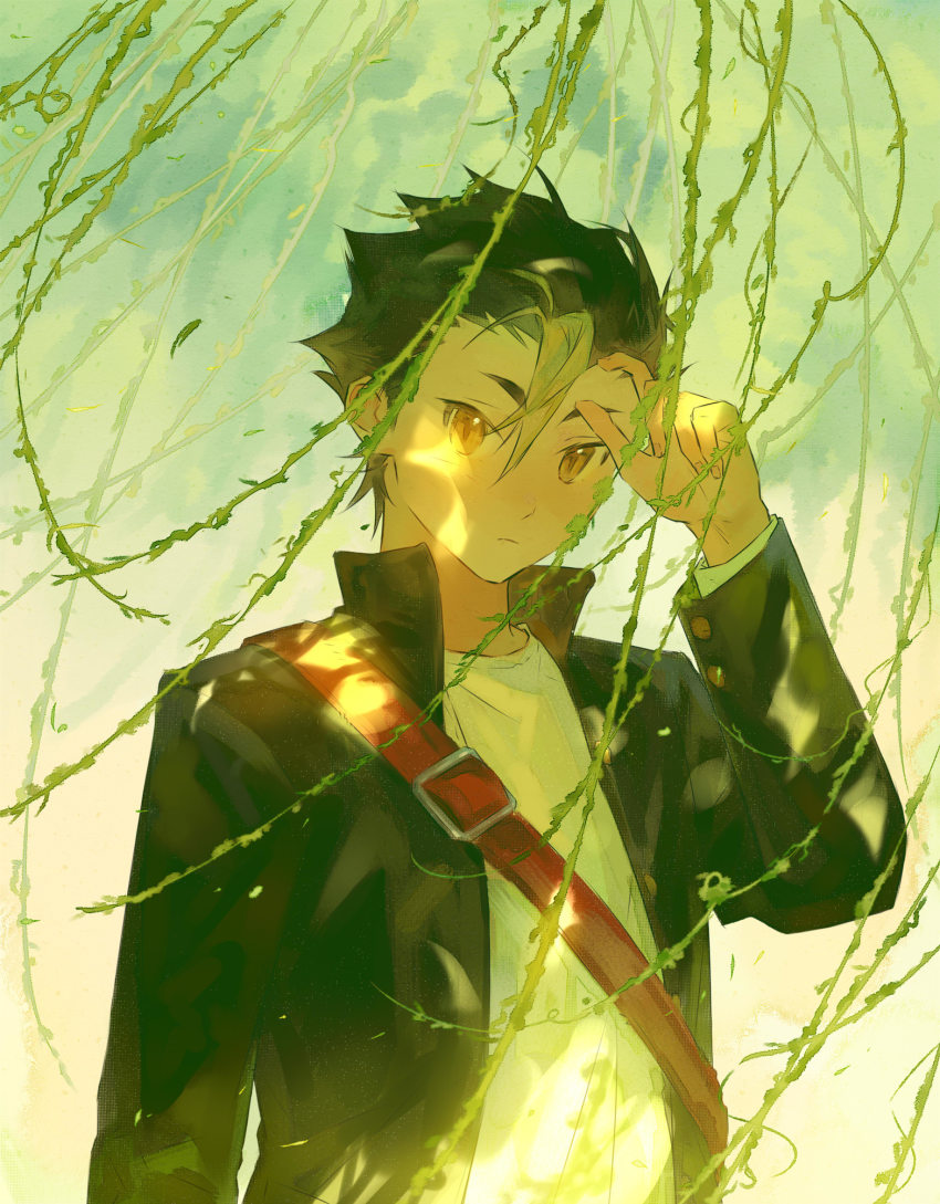 1boy, black_hair, black_jacket, blonde_hair, brown_eyes, closed_mouth, dappled_sunlight, day
