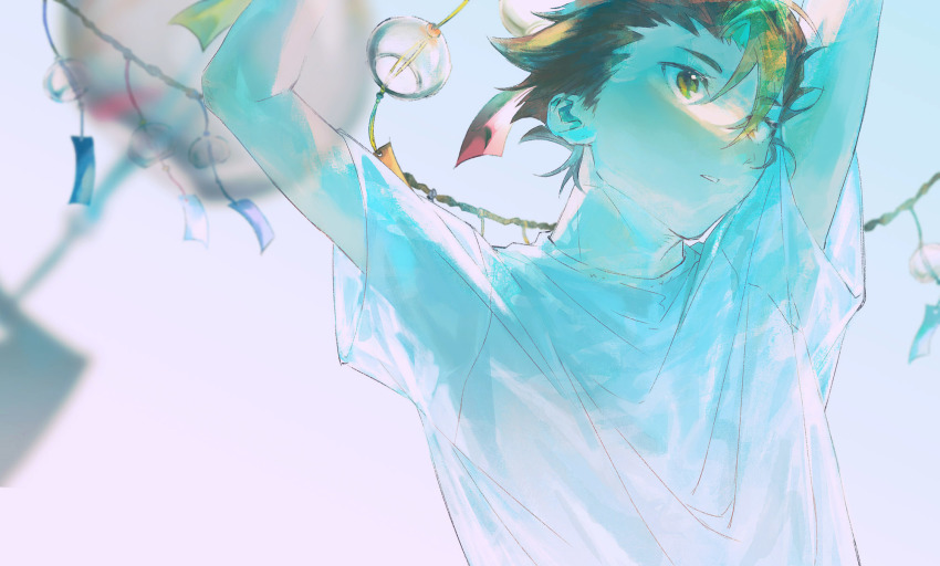 1boy, arms_up, black_hair, blonde_hair, blurry, day, depth_of_field, glass