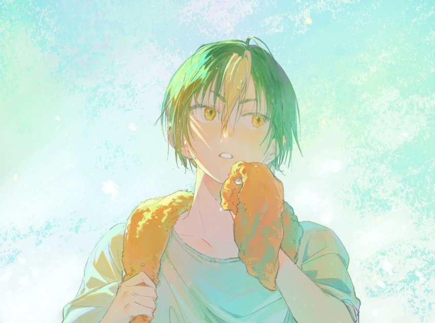 1boy, blonde_hair, blue_background, blush, casual, green_hair, haikyuu!!, hair_down