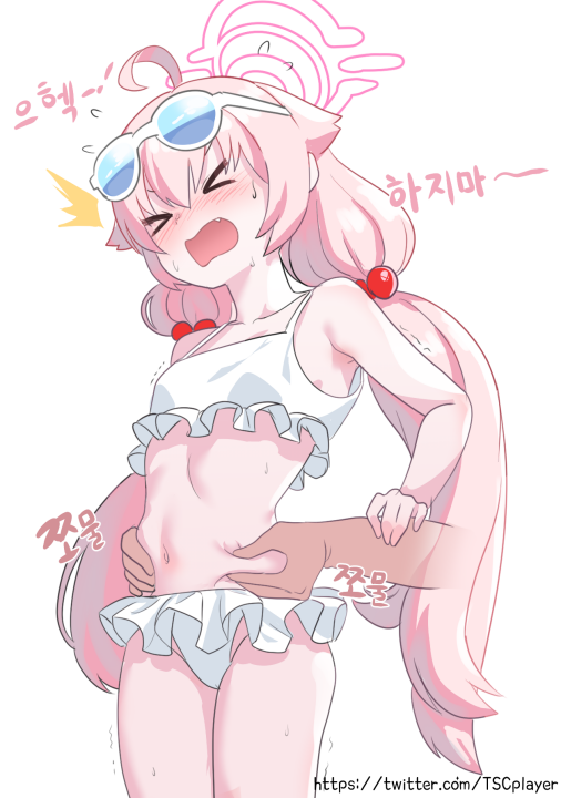 >_<, 1girl, ^^^, ahoge, bare_shoulders, belly_grab, bikini, blue_archive