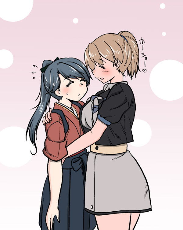 2girls, black_shirt, brown_hair, grey_neckerchief, hakama, hakama_skirt, houshou_(kancolle), intrepid_(kancolle)