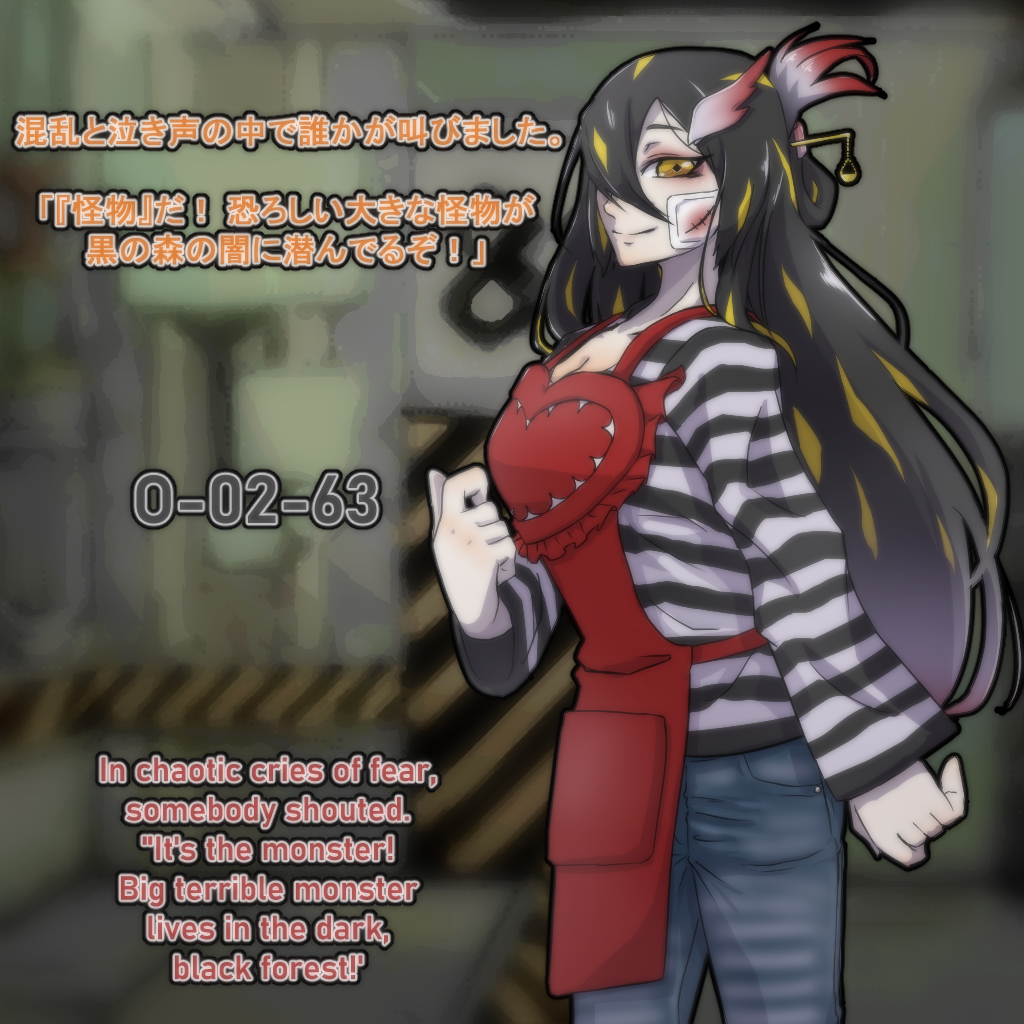 1girl, apocalypse_bird, apron, balance_scale, bandages, bandaid, bandaid_on_face, black_hair, blood, bloody_bandages, breasts, cleavage, denim, english_text, folded_ponytail, from_side, gradient_hair, gradient_wings, hair_ornament, hair_over_one_eye, hair_stick, half-closed_eyes, head_wings, heart_apron, huyusaki_taiga, jeans, large_breasts, lobotomy_corporation, long_hair, long_sleeves, multicolored_hair, multicolored_wings, pants, personification, project_moon, red_hair, shirt, smile, solo, stitched_face, stitches, striped_clothes, striped_shirt, very_long_hair, weighing_scale, white_hair, wings, yellow_eyes