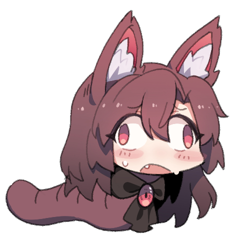 1girl, animal_ear_fluff, animal_ears, brooch, brown_hair, chibi, cross-eyed, fang