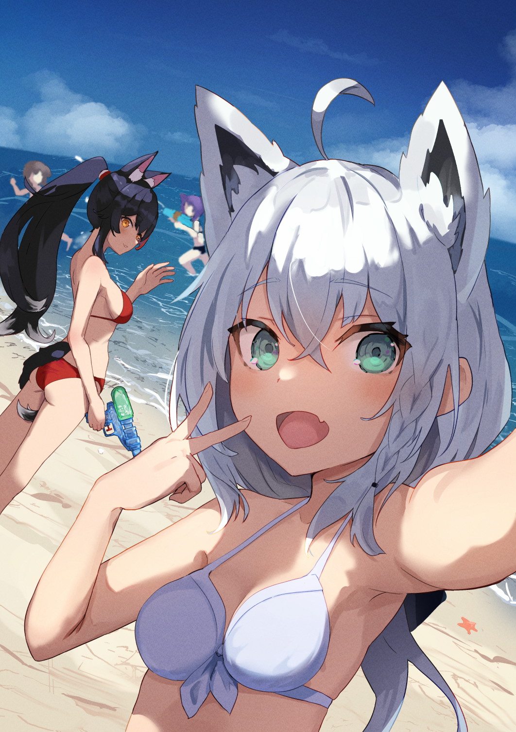 2girls, ahoge, animal_ears, beach, bikini, black_hair, blue_sky, breasts, cat_ears, cloud, fox_ears, fox_girl, green_eyes, happy, highres, hololive, looking_at_viewer, multiple_girls, navel, ocean, ookami_mio, open_mouth, outdoors, ponytail, selfie, shirakami_fubuki, side_ponytail, sky, smile, swimsuit, v, virtual_youtuber, water_gun, white_bikini, white_hair, wolf_ears, wolf_girl, yui_asahi