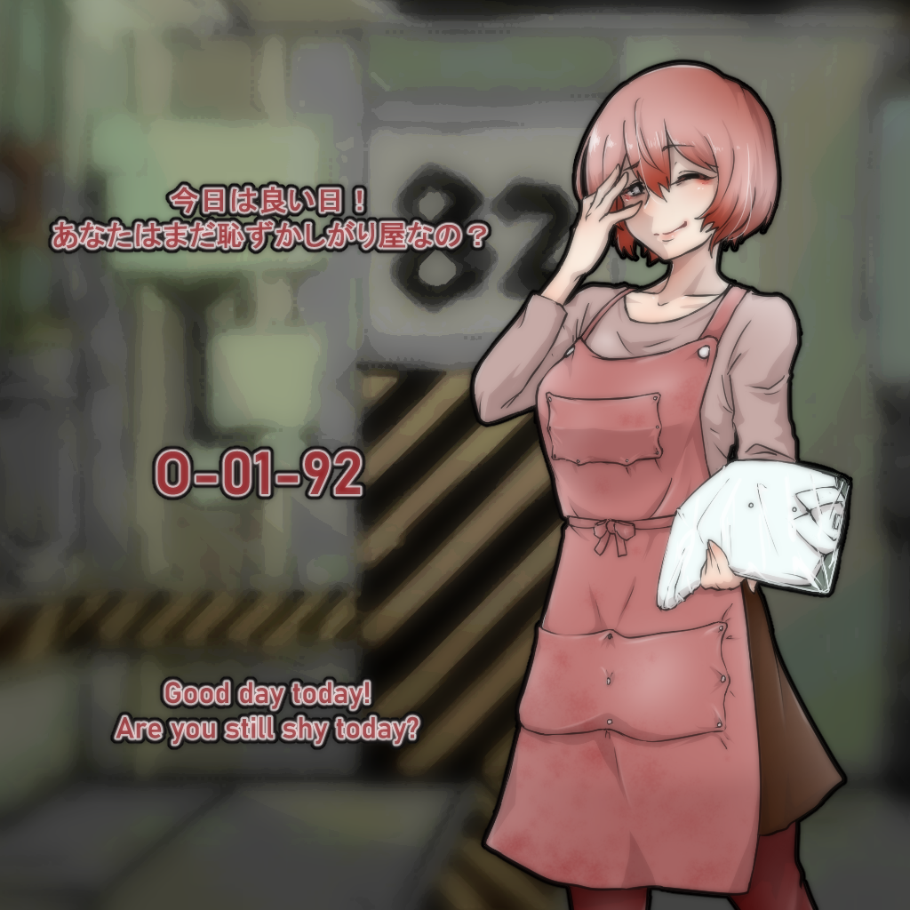 1girl, apron, bag, english_text, grey_eyes, hand_on_own_face, hand_up, holding