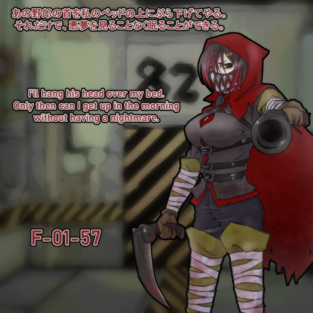 1girl, aiming, bandaged_arm, bandaged_leg, bandages, belt, black_hair, boots, cloak, covered_mouth, english_text, eyeball_hair_ornament, gloves, gun, holding, holding_gun, holding_scythe, holding_weapon, hood, hooded_cloak, huyusaki_taiga, little_red_riding_hooded_mercenary, lobotomy_corporation, mask, mouth_mask, multicolored_hair, multiple_belts, multiple_weapons, one_eye_closed, personification, print_mask, project_moon, red_hair, scar, scar_on_face, scythe, short_hair, solo, teeth_print, thigh_boots, torn_cloak, torn_clothes, two-tone_hair, weapon, yellow_eyes