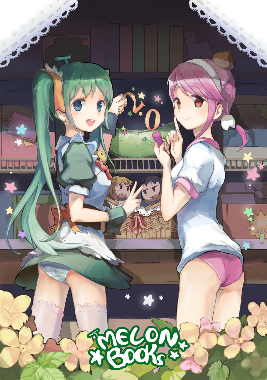 2girls, anmi, ass, bow, breasts, buruma, gym_uniform, highres, index_finger_raised, looking_back, maron-chan, medium_breasts, melon-chan, melonbooks, multiple_girls, open_mouth, panties, smile, striped_clothes, striped_panties, thighhighs, twintails, underwear, v, yellow_bow