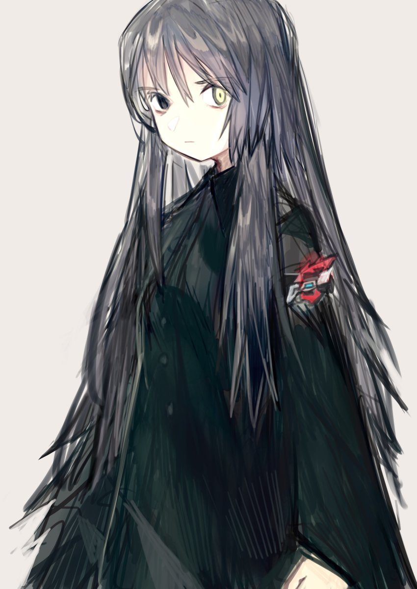 1girl, absurdres, black_eyes, check_copyright, closed_mouth, copyright_request, glowing, glowing_eye, green_hair, grey_background, hair_between_eyes, heterochromia, highres, kamen_rider, kamen_rider_amazons, long_hair, nekoudon4040, simple_background, sketch, solo, yellow_eyes