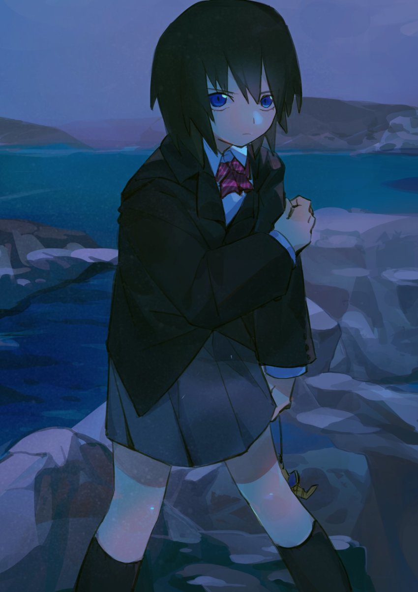 1girl, black_hair, black_socks, blue_eyes, bow, check_copyright, closed_mouth, commentary, copyright_request, grey_skirt, hair_between_eyes, highres, holding, hand_on_own_arm, looking_at_viewer, nekoudon4040, ocean, original, outdoors, pink_bow, rock, short_hair, skirt, socks, solo, standing, striped_bow