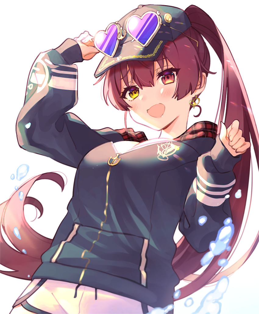 1girl, :d, anchor_symbol, arm_up, baseball_cap, blush, breasts, dolphin_shorts